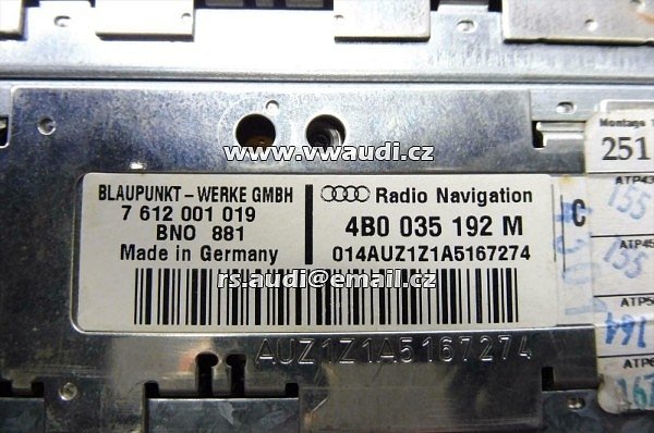  4B0 035 192M Navigace Plus Navi RNS Radio AUDI A6 4B S6 RS6 4B0035192M     RNS-D RNSD. Blaupunkt - číslo dílu, 7 612 001 019 7612001019 . - 2