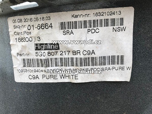 5G0807221  VW Golf VII  7 5G  - 2012 - 2017   přední nárazník park systém otvory pdc + ostřikovače světel  BÍLÁ barva candyweis - 4