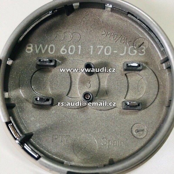 8W0 601 170  kryty nábojů krytů nábojů AUDI 60mm 8WO601170 JG3  Pokličky krytky víčka  emblémy  středy zátky do středů kol hliníkových disků - 4