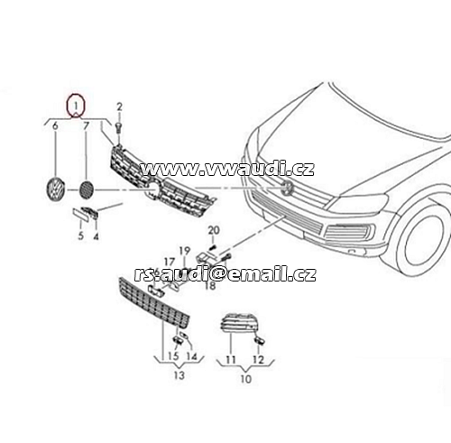 7P6 853 651A/B VW Touareg 7P 11-14 Přední maska chladiče - střední mřížka chrom + znak  - 2