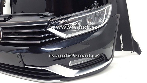 Passat B8 2.0 TDI Alltrack Kompletní přední část vozidla předek vozu VW Passat B8 2.0 TDI Alltrack     Přední kapota blatník spoiler nárazník xenon led světla mřížka nárazník maska čelo chladičová stěna